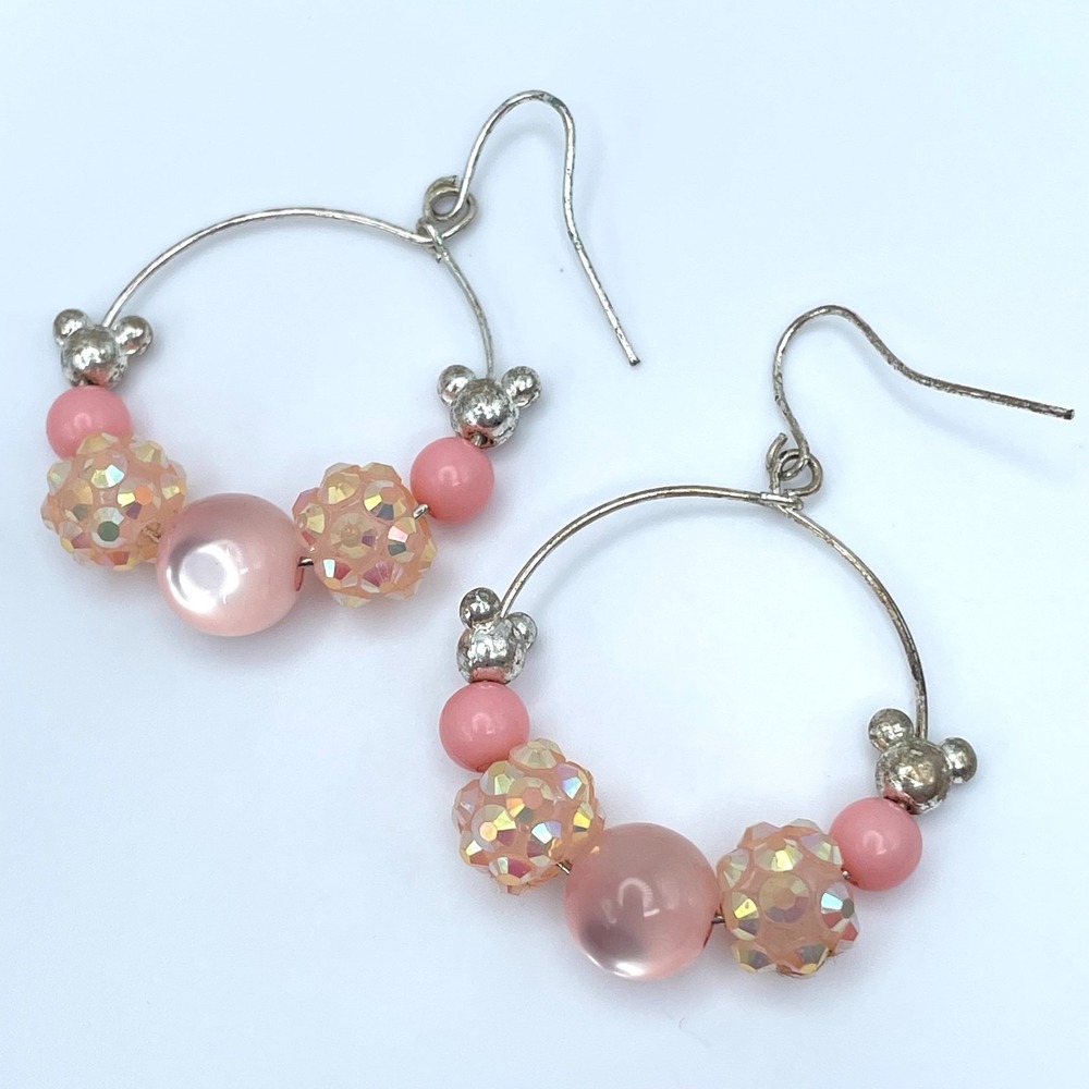 Vintage 90s Pink Iridescent Beaded Silver Tone Hoop Earrings Women's Jewelry 90s